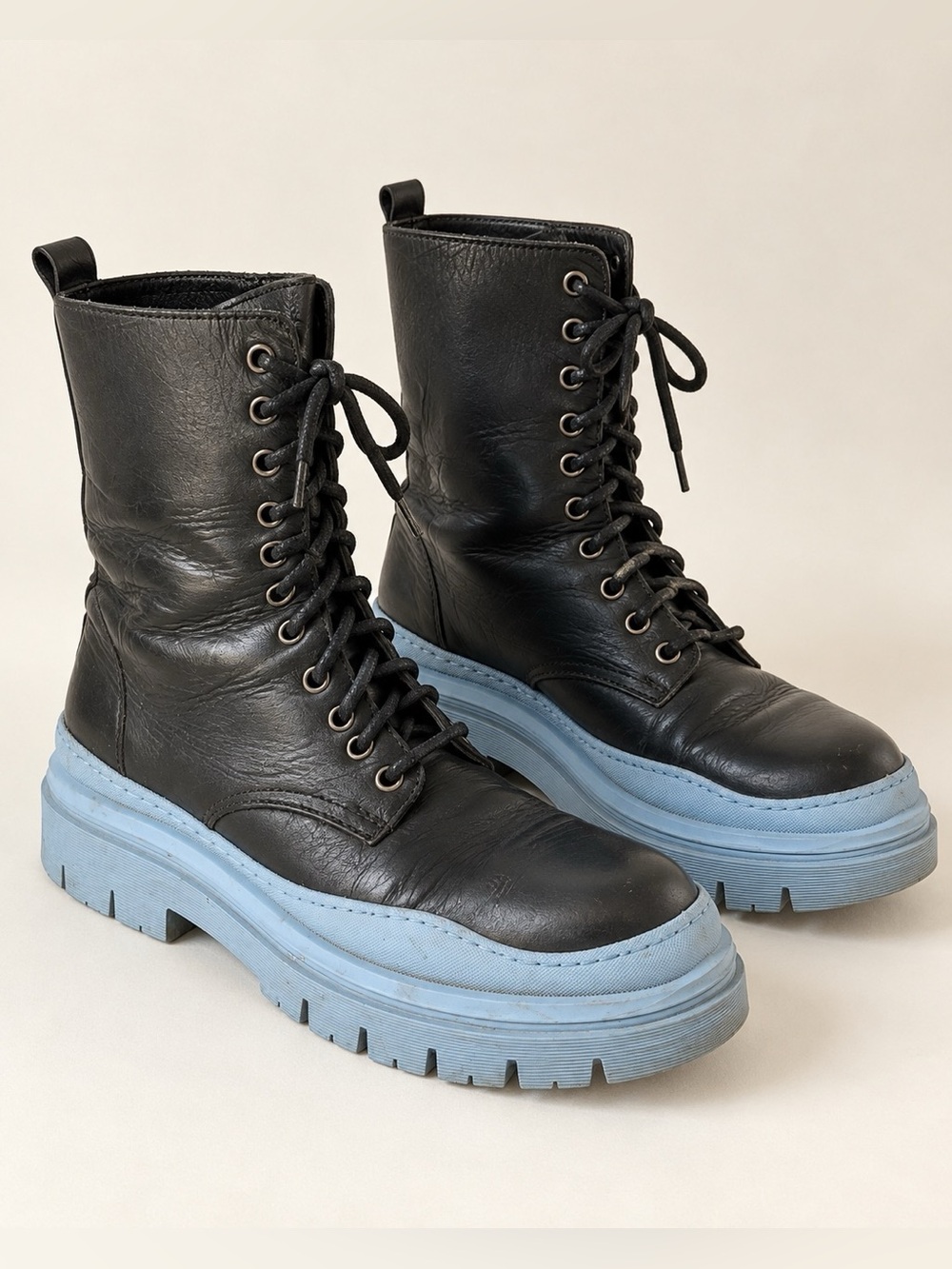 L'INTERVALLE Black Leather Lace-Up Combat Boots with Light Blue Platform Sole